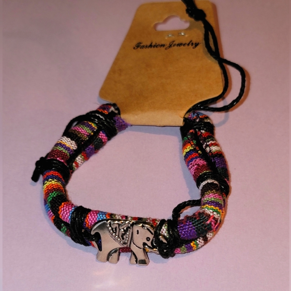 Leather Elephant Aztec Macrame Wrap Bracelet - Purple Multicolor - Adjustable
